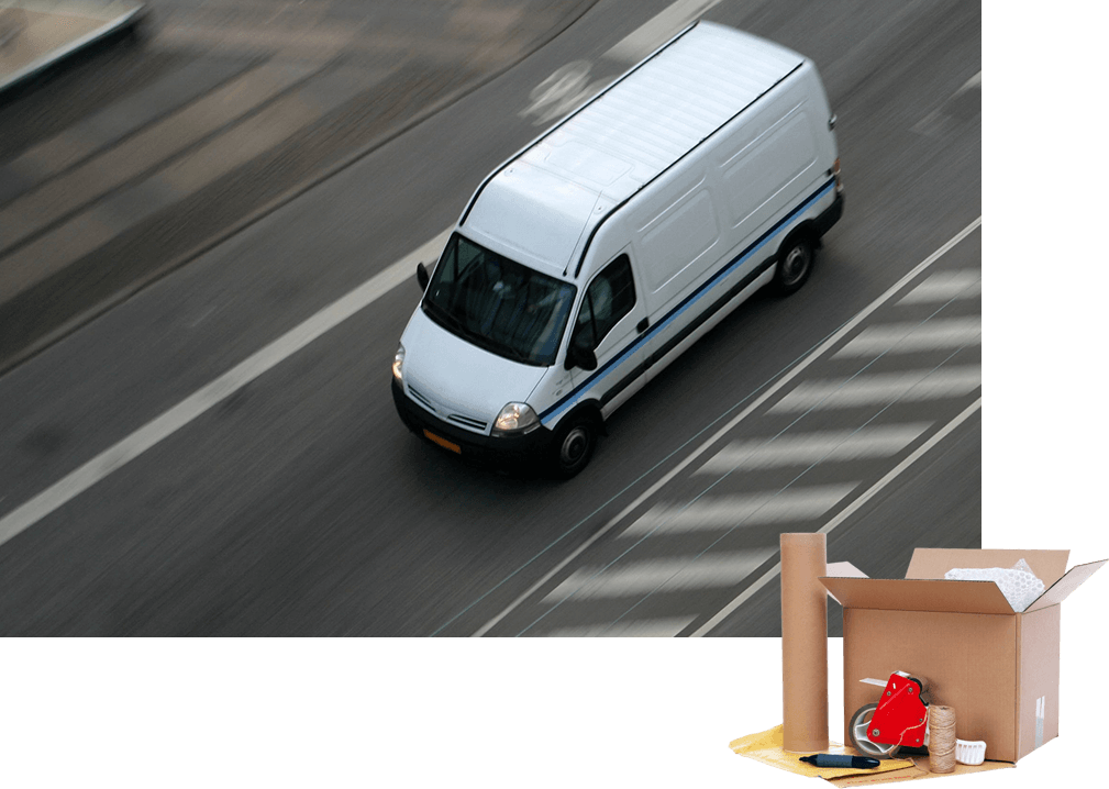 A van driving down the street with boxes in front of it.