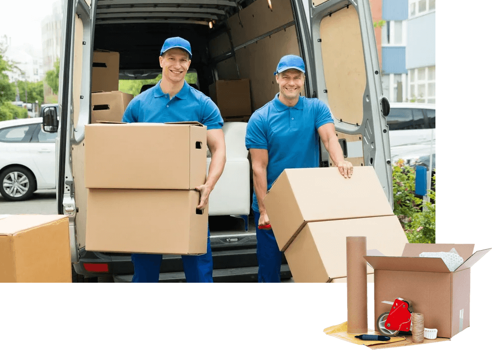 Two men in blue shirts and a white van