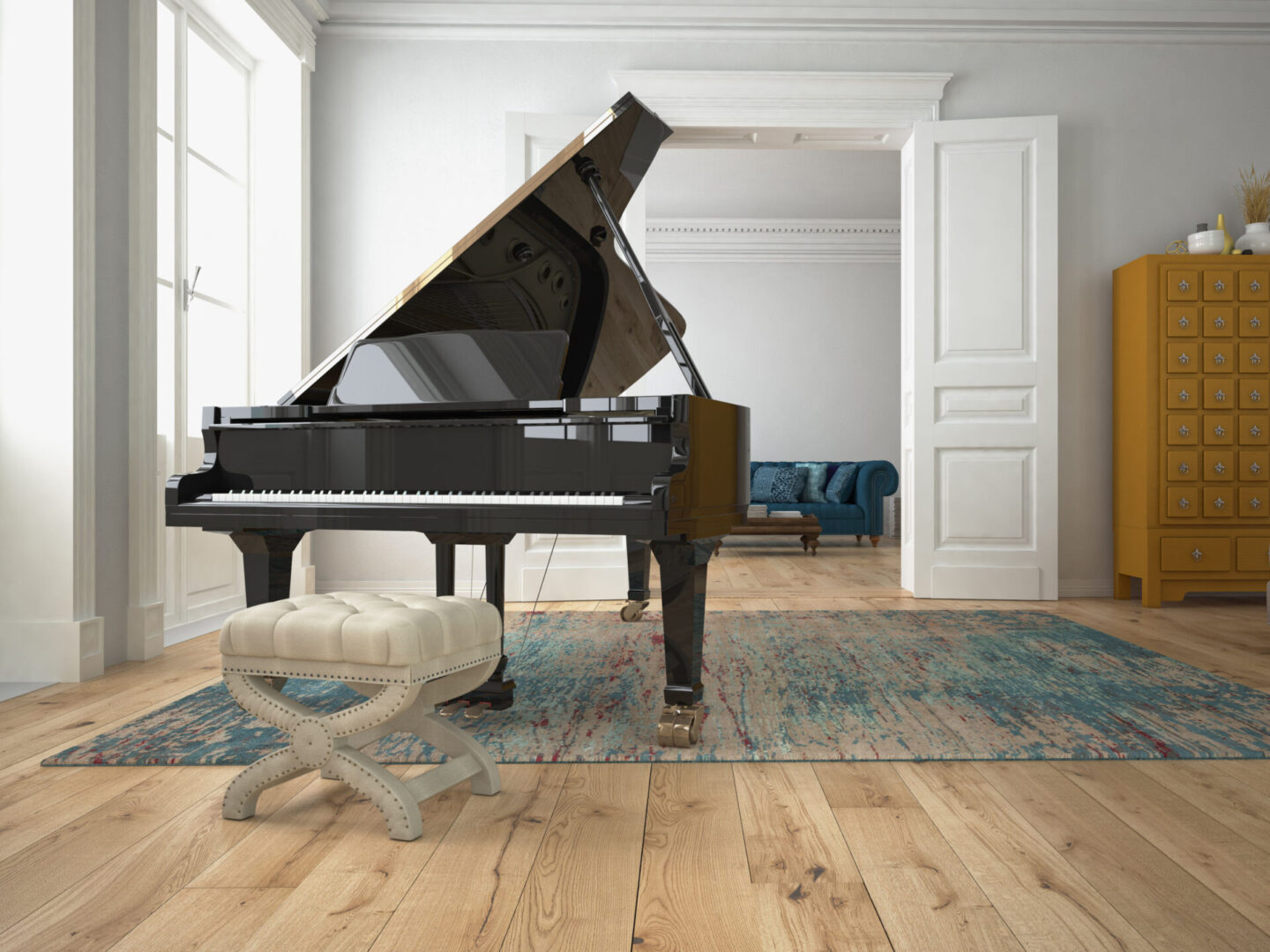 A piano in the middle of a room with wooden floors.