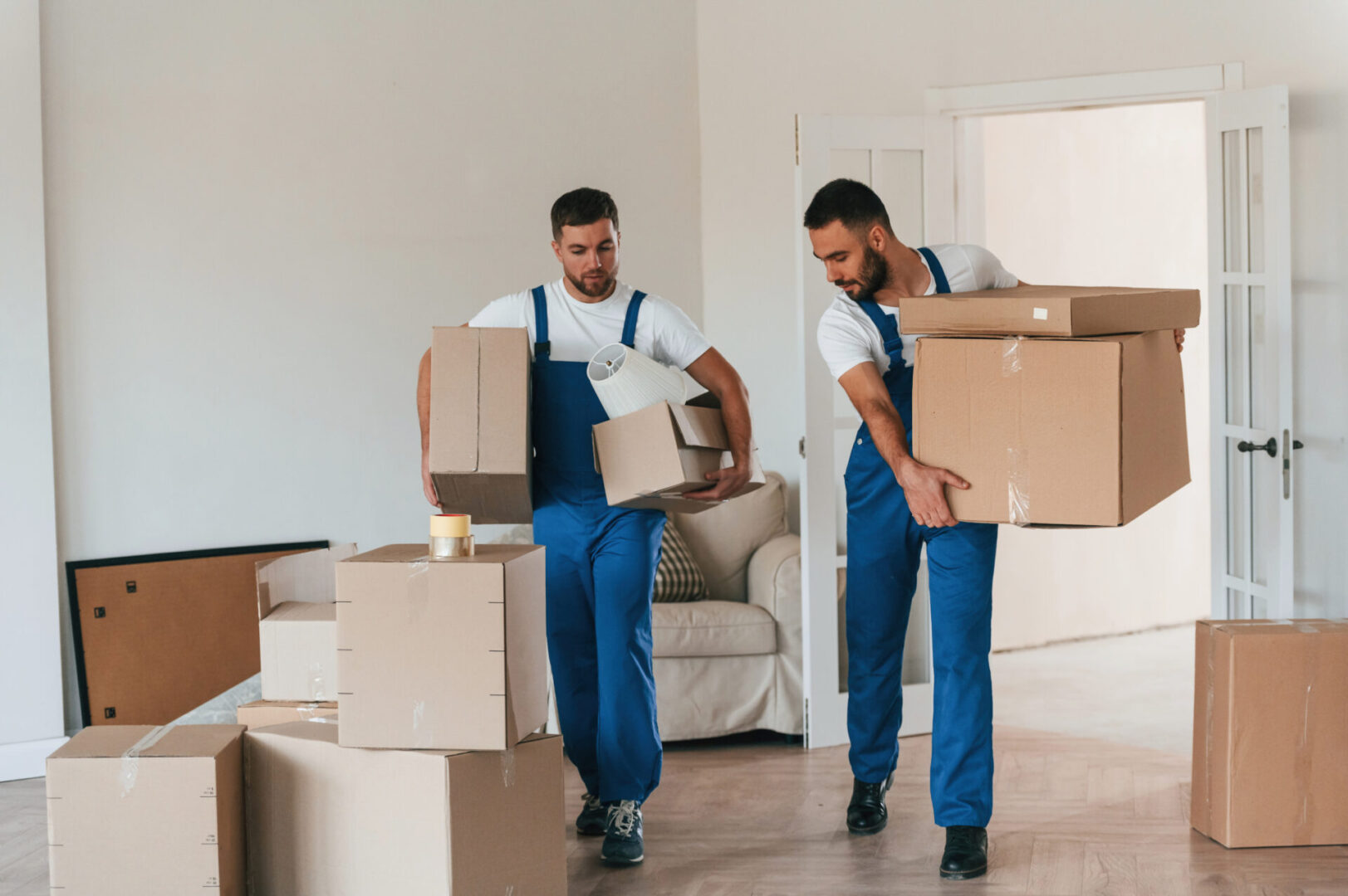 Front view, holding stuff. Two moving service employees in a room.