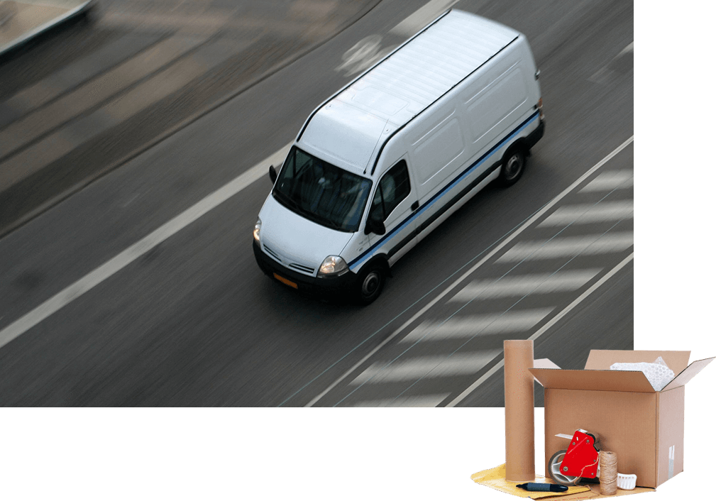 A van driving down the street with boxes in front of it.